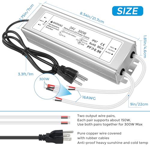 Image of 24V 300W LED Power Supply, IP67 Waterproof LED Driver, AC 110V to DC 24 Volt 12.5A Low Voltage Transformer Converter for Outdoor LED Strip & Landscape Lighting, 3-Prong Plug with 3.3FT Cable