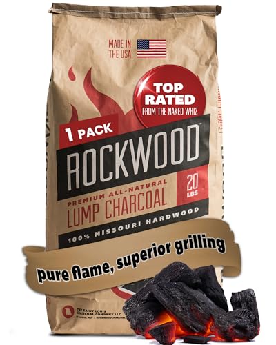 Rockwood All Natural Hardwood Lump Charcoal 20 Lbs - 100% Made in USA Lump Charcoal for Grills and BBQ - Missouri Oak, Hickory, and Maple Wood Mix Smoker Charcoal - No Fillers (1 Pack)
