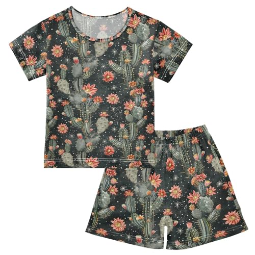 ALAZA Cactus Flowers Stars Pajama Set Short Sleeve Sleepwear Soft Lounge Nightwear