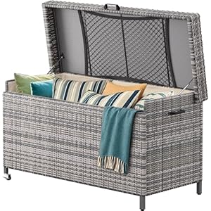 YITAHOME 200 Gallon Large Wicker Deck Box w/Storage Net, Rattan XL Outdoor Storage Box Patio Cushion Storage, Waterproof Storage Box for Patio Furniture, Garden Tools, Pool Sports Equipment (Grey) YITAHOME 200 Gallon Large Wicker Deck Box wStorage Net Rattan XL Outdoor Storage Box Patio Cushion Storage Waterproof Storage Box for Patio Furniture Garden Tools Pool Sports Equipment Grey