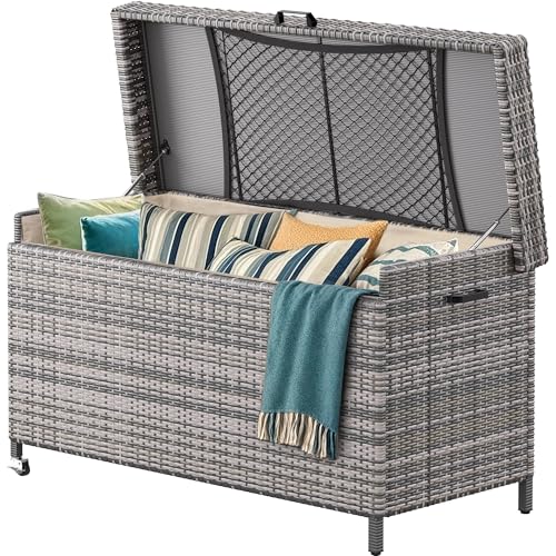 YITAHOME-200-Gallon-Large-Wicker-Deck-Box-wStorage-Net-Rattan-XL-Outdoor-Storage-Box-Patio-Cushion-Storage-Waterproof-Storage-Box-for-Patio-Furniture-Garden-Tools-Pool-Sports-Equipment-Grey YITAHOME 200 Gallon Large Wicker Deck Box wStorage Net Rattan XL Outdoor Storage Box Patio Cushion Storage Waterproof Storage Box for Patio Furniture Garden Tools Pool Sports Equipment Grey