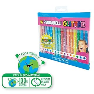 Mitama PENNARELLI Glitter TRIANGOLARI, Punta FINE, 8 Pastel + 8 Brillanti in Pet Box da 16 Pezzi