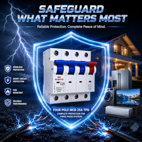 Image of MAHI 25A Four Pole MCB C Curve, Miniature Circuit Breaker with Overload & Short Circuit Protection, 25A Breaking Capacity, Durable Polycarbonate Body for Home & Industrial Use