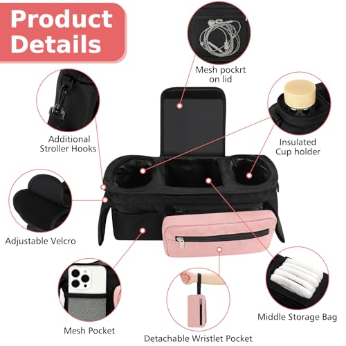 image for Accmor Universal Stroller Organizer with Insulated Cup Holder Detachab