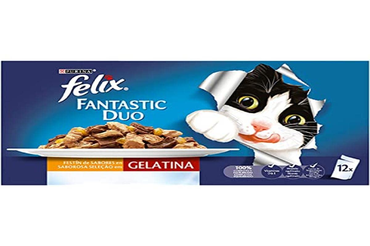Felix Purina Fantastic Duo, Comida Húmeda para Gato Adulto Pack Surtido Carnes, 12 sobres de 85g