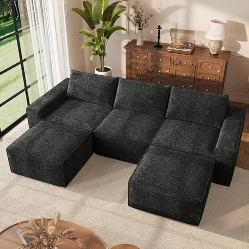 Image of Vesgantti 114 inch Boneless Modular Sectional Sofa, Modern U Shaped 5 Seater Couch with 2 Ottoman & Deep Seat, Convertible Chenille Cloud Couches for Living Room, No Assembly Required, Black