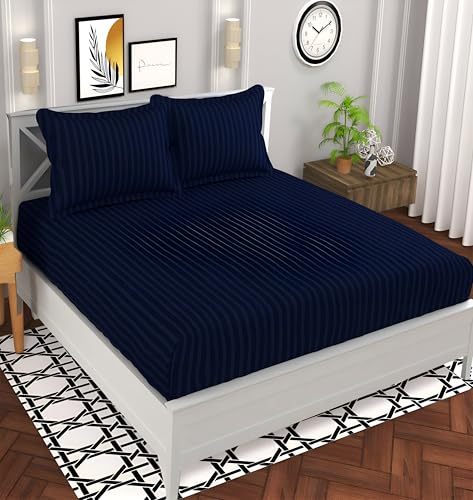 Image of 220 Cotton Feel Glace Cotton Double Bedsheet with 2 Pillow Cover (90x90 inch) Navy Blue