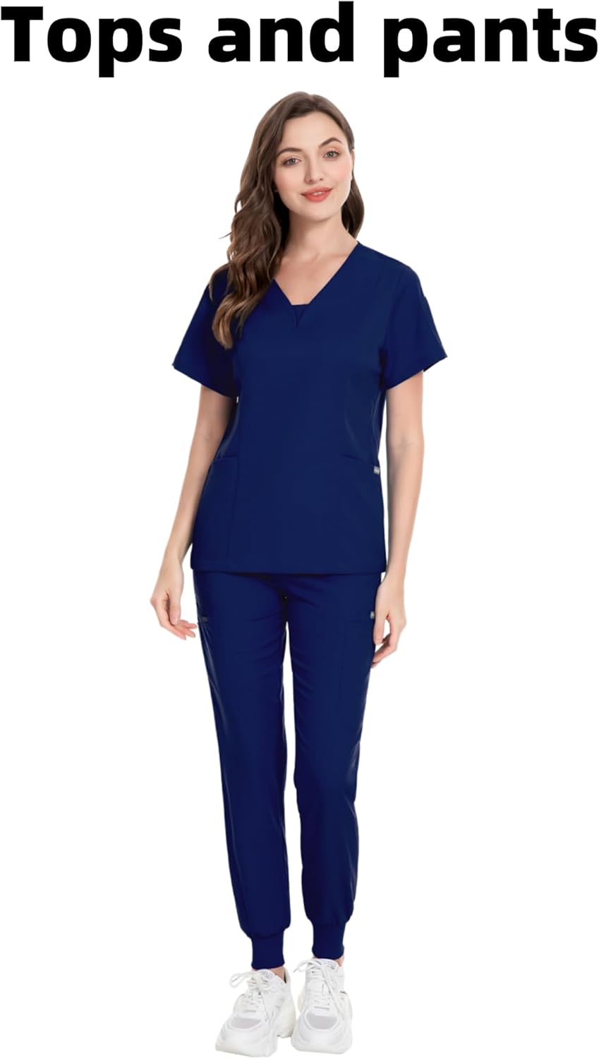 Scrubs for Women and Men 3-Piece Set (Jacket + V-Neck Top + Jogger Pants) with Multi Pocket Anti Wrinkle