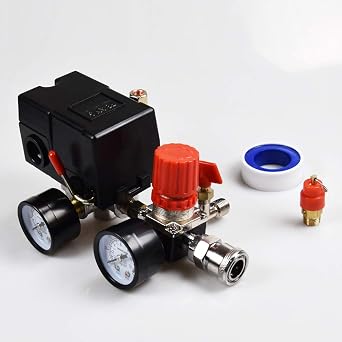 Air Compressor Pressure Switch Control Valve, 90-120 PSI with Regulator & Pressure Gauge, 4-Port 1/4" NPT with Safety Valve, Automatic Cut-Off