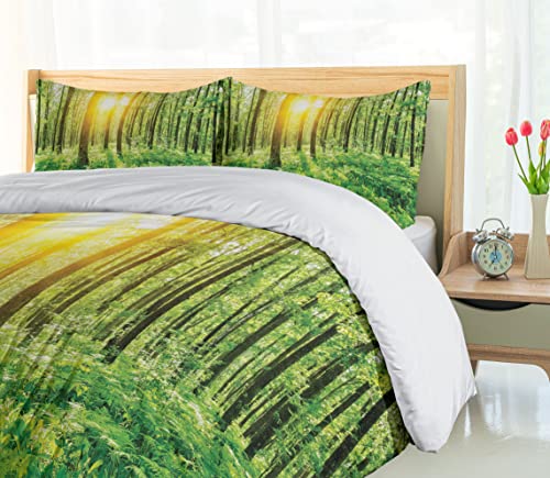 Ambesonne NEV_12591_KING Woodland Duvet Cover Set, Forest Springtime Freshness Theme Foliage Sunbeams Sunrise Nature View Scene thumb #3