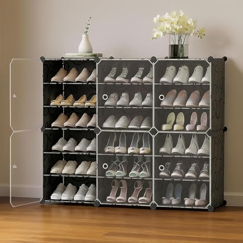 Image of Premium Modular Plastic Shoe Rack for Home | 18 ๐๐๐๐๐
Shoe Rack with 6 Doors, Hook Holder for Home Storage Organizer with Metal Door Frame to Cover Chappal Slipper Sandals Shoes - Black