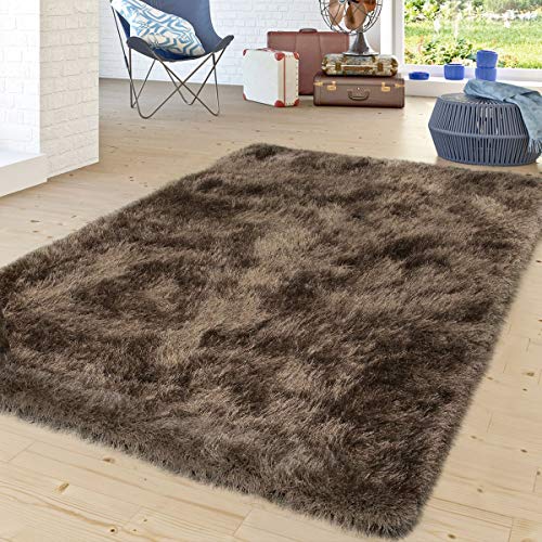 TT Home Alfombra Salón Moderna Shaggy Pelo Largo Monocolor Marrón Be