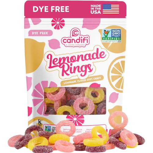 Candifi Dye Free Candy (8 oz) - Lemonade Rings - Sour-Sweet Vegan Pink Lemonade Gummy Rings - Sour Gummies Natural Candy, Non GMO – Kosher, No Gelatin, Gluten...