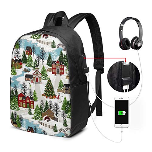 Preisvergleich Produktbild Reise-Laptop-Multifunktions-Reisetasc... Canvas-Schulter-Daypack-Rucksack Mit USB-Ladeanschluss Und Kopfhörerloch Für Teenager Mädchen Jungen -Weihnachtsdorf Winterszene