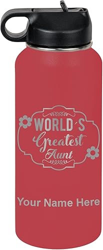Miniatura 34 de LaserGram Botella de agua personalizada, la tía más grande del mundo, acero inoxidable de doble pared aislada al vacío con popote superior, regalo
