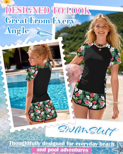 Image of Xaatren Girls 2 Piece Rash Guard Swimsuit | Quick Dry Bathing Suits, Short Sleeve Floral Beach Swimwear, Summer Tee and Boyshort Sets, Protection, Hawaiian, 7-16 Year