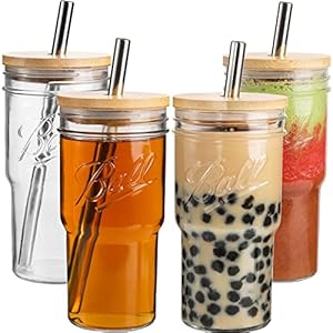 4Pack Glass Tumbler Cups with Bamboo Lids and Straws, 22oz Iced Coffee Cups-Reusable Mason Jar Drinking Glasses for…