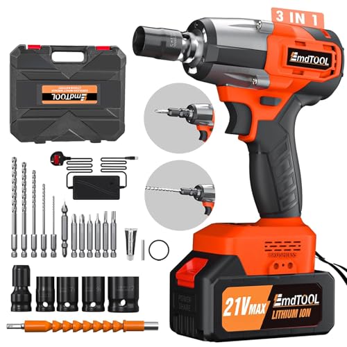 Llave de Impacto Inalámbrica Brushless 1/2' 550N.m Llave de Impacto Eléctrica con Batería 4.0Ah, Pistola de Impacto Batería con 4 Enchufes, 12 Puntas de Destornillador, para Automoción y uso Doméstico