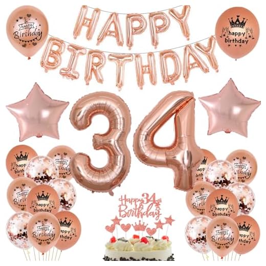 Globos de 34 cumpleaños para mujer, oro rosa, decoración de 34 años, decoración de cumpleaños para mujer, color oro rosa, juego de 34 años, decoración de cumpleaños para mujer (34)
