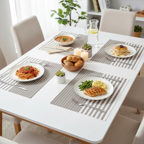 Image of YELONA Dining Table Placemats Set of 4 - Heat-Resistant, Non-Slip, Washable & Stain Resistant Woven PVC Vinyl Table Mats for Kitchen & Dining - 45 x 30 cm, Brown & White