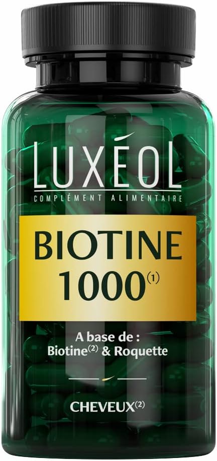 Luxéol – Biotine 1000 μg (1) – Favorise la Pousse des Cheveux (roquette)(2) – Made in France – Complément Alimentaire – 90 Gélules – 28,6 g