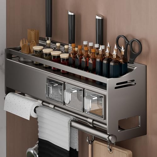 Wall-Mounted Spice Rack with Hooks and Paper Towel Holder - Space-Saving Kitchen nizer for Spices and Essential Items，13In