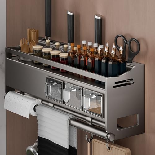 Wall Mount Spice Rack with Hooks & Paper Towel Holder 27-Inch Kitchen Spice Shelf Storage Seasoning with Spice Box Space-Saving Kitchen Essentials