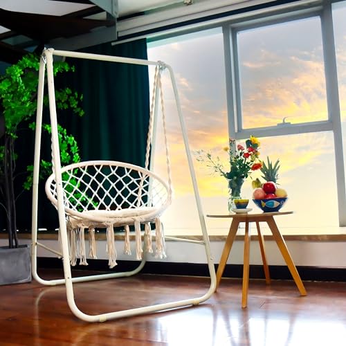 Image of Inditradition Hammock Swing Chair with Metal Stand & Seating Pillow (Combo Pack) | Heavy-Duty Hanging Chair with Stand for Indoor & Outdoor (60x32 Inches, Elegant White)