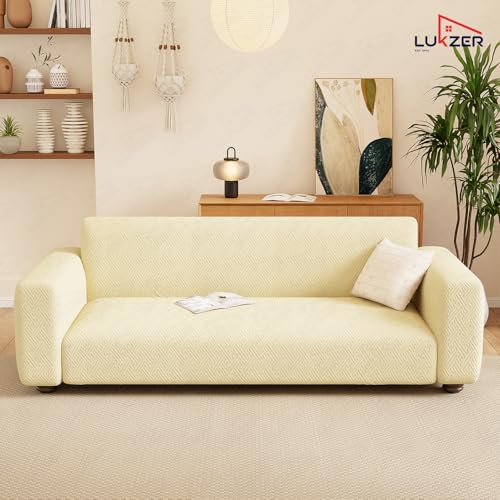Image of Lukzer 3 Seater Pastel Yellow Grid Maze Pattern Sofa Cover | 240 GSM Universal Stretch Fit Jacquard Fabric Couch Protector | Fully Covered Anti Slip & Washable Sofa Cover (180-230cm /SC-105-03)