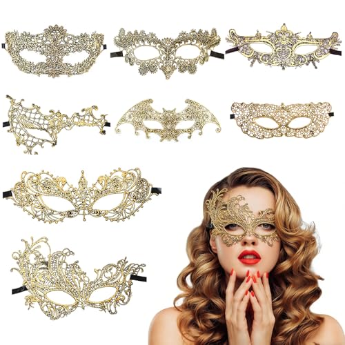 Quafochi 8pcs Gold Masquerade Mask for Women Adjustable Ribbon Straps Lightweight Lace Mask Design Venetian Mask For Halloween Costume Prom Ball Party Wedding Cosplay Carnival Supply