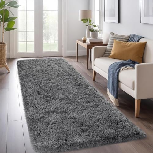 Image of Luxury Shaggy Carpet Solid Plain Fluffy Fur Rectangular Rugs For Bedroom Living Room 2X6 Feet Microfiber & Polyster Modern Interior Floor Mat Dark Grey