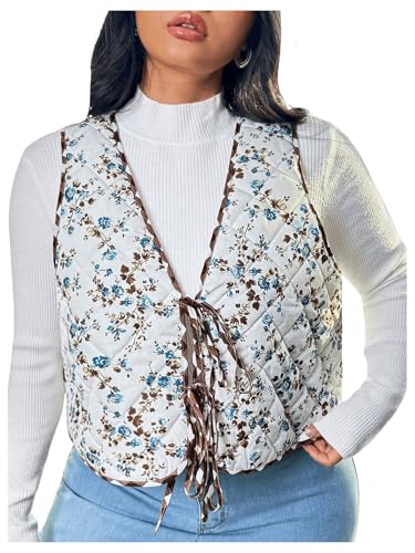 MakeMeChic Women's Plus Size Floral Print Sleeveless Padded Vest V Neck Vintage Outwear Vest