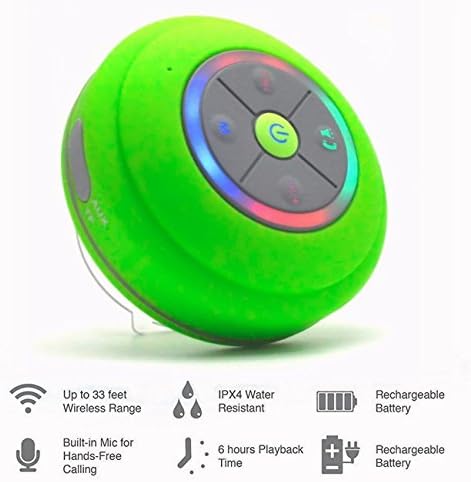 Bluetooth Waterproof Wireless Speaker with Color Changing LED Lights. IPX4 Waterproof Rating with Removable Suction Cup, Handsfree Speakerphone & MicroSD Slot for Local Playback!