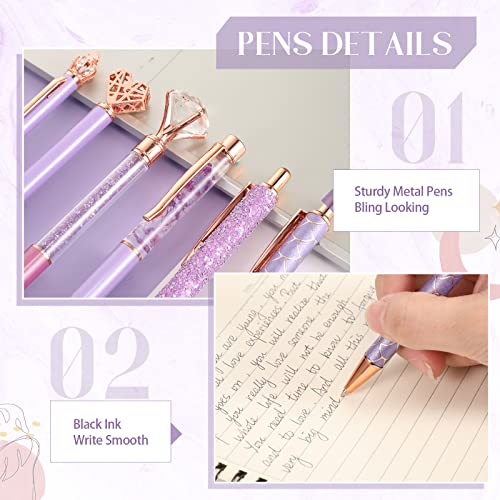 Image of Janmini Metal Crystal Glitter Ballpoint Pen Set 9 Pcs Crystal Glitter Ballpoint Pen for Diary Black Ink Cute Cute Things Novelty Gifts for Women Girls Birthday Home Office (Purple)