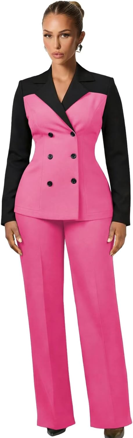 Patchwork Pant Suits for Women Dressy Double Breasted Womens Suit for Wedding Guest 2 Piece Business Casual Outfits
