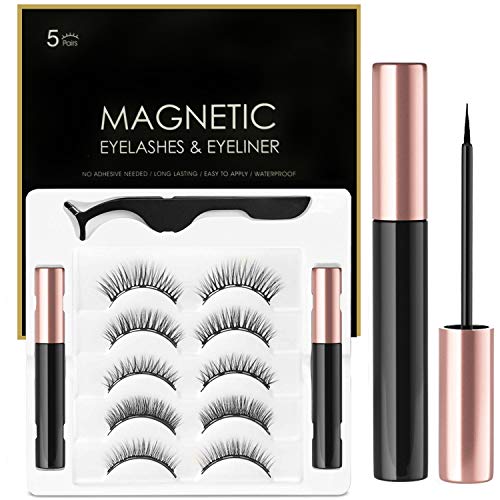 2 Sets Magnétique Eyeliner Kit De Cils Magnétiques,5 Paires Faux Cils Magnétique 3D Réutilisable 5 Aimants Faux Cils,Imperméable Magnetic Eyeliner MagnéTique Cils Kit avec Pincette Effet Naturel