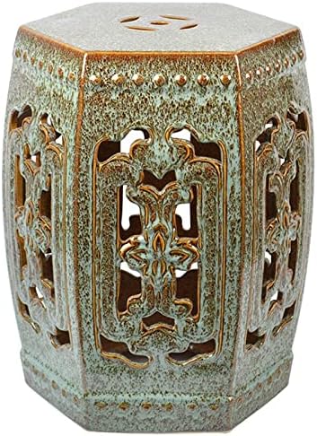 FMFT Decorative Ceramic Garden Stool, Chinese-Style Kiln Variable-Glazed Hexagonal Hollow Porcelain Drum Stool, Suitable for Living Room, Terrace, Garden, Etc, Onecolor