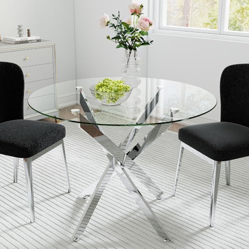 Zevemomo 35.5 Glass Dining Table for 4 Round Coffee Table with Tempered Glass Top Silver Metal Legs Modern Circle Glass Dinner Kitchen Table for Apartment Home Office