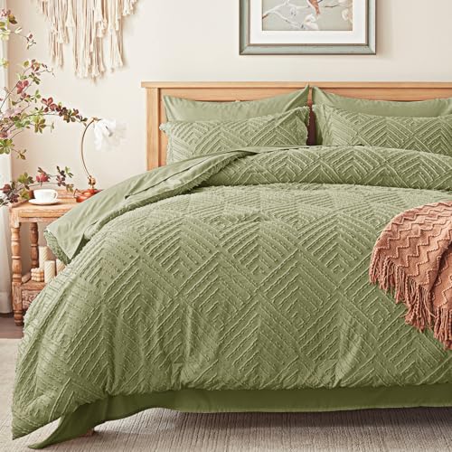 Image of Zzlpp King Comforter Set 7 Pieces, Army Green Tufted Bed in a Bag with Comforter and 2 Sheets, All Season Boho Bedding Sets with 1 Comforter, 2 Pillow Shams, 2 Pillowcases