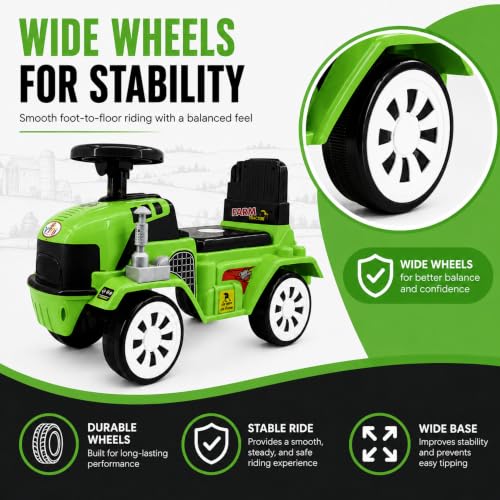 Image of Farm Tractor Ride On Toy for Kids 2-5 Years, Foot-to-Floor Manual Ride On with Comfortable Backrest, Easy-Grip Steering Wheel, Wide Wheels, Indoor & Outdoor Ride On Toy for Boys & Girls