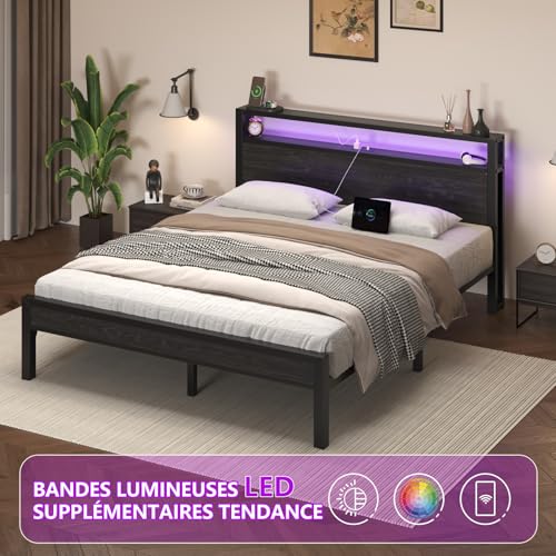 Cadre de lit 160x200 LED + USB/USB‑C, noir E-Motie