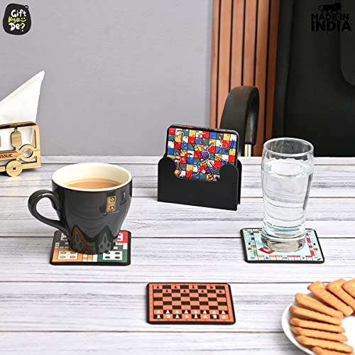 Image of GKD Coaster Set of 6 Beautiful Wooden Coasters with Proper Coaster Stand Designer Coaster Set for Tea Cups, Coffee Mugs and Glasses (Board Games)