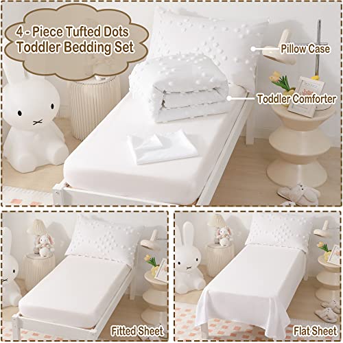 4-Piece Boho Tufted Dots Toddler Bedding Set For Girls White Jacquard Pom Pom Tufts Embroidery Bed-In-A-Bag Bohemian Comforter Set For Boys Kids With Comforter, Flat Sheet, Fitted Sheet, Pillowcase #TOP4