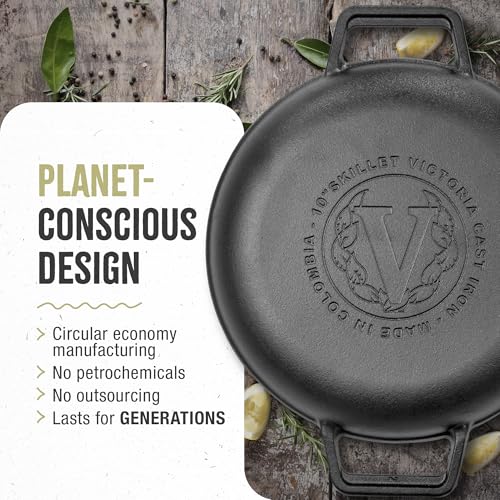 Image of Victoria Cast Iron Round Skillet with Double Loop Handles, Made in Colombia, 10 Inches