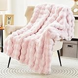 DREAMNINE Decorative Soft Thick Fuzzy Faux Rabbit Fur Throw Blanket for Couch Sofa, Reversible Plush Warm Fleece Fluffy Blanket for Winter, Luxury Cute Cozy Furry Fur Blanket for Bed, 50' x 60', Pink