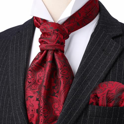 Image of HISDERN Ascot Ties for Men Paisley Floral Ascot and Pocket Square Set Classic Self Tie Mens Cravat Handkerchief for Wedding