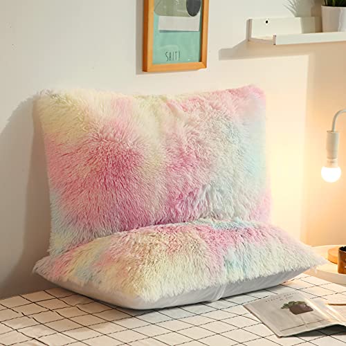 Sumfunry Plush Shaggy Pillows Shams Fluffy Crystal Velvet Pillow Covers Zipper Closure 2Pc Standard Size(Rainbow, 26" X 20") #TOP1