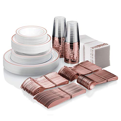 25 Guest Disposable Rose Gold Dinnerware Set | Heavy Duty Plastic Plates, Cups & Silverware | 50 Forks, 25 Spoons, 25 Dessert Spoons, 25 Knives, 25 Dinner Plates, 25 Dessert Plates, 25 Soup Bowls