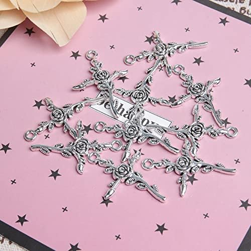 Acxico 20 Pcs Cross Charms Antique Silver Tone with Detailed Rose - Image 6
