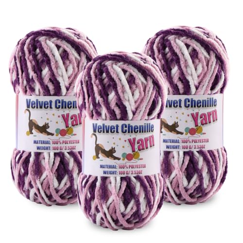 Image of 3 * 100g /3.5oz Fluffy Chenille Yarn for Crocheting, Chunky Velvet Yarn for Crochet Amigurumi, Used for Making Baby Yarns Blanket, Clothes, Pattern Knitting Creations (3- Colorful-F)